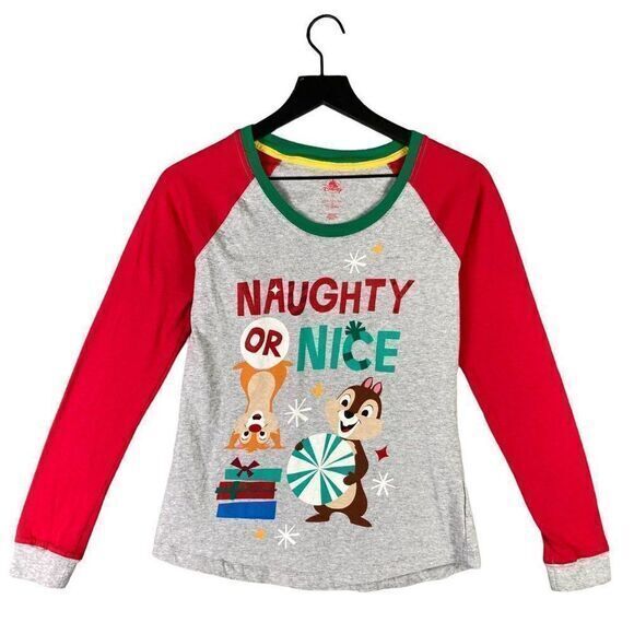 Disney World Christmas Shirt Womens Size Medium Chipmunks Naughty Nice Red Parks - Picture 2 of 11
